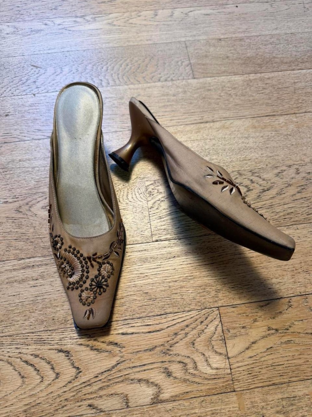 Nine West Tan Embroidered Slip-On Heeled Mules